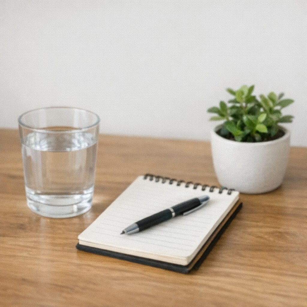 Glass of water, notebook and plant on a wooden desk